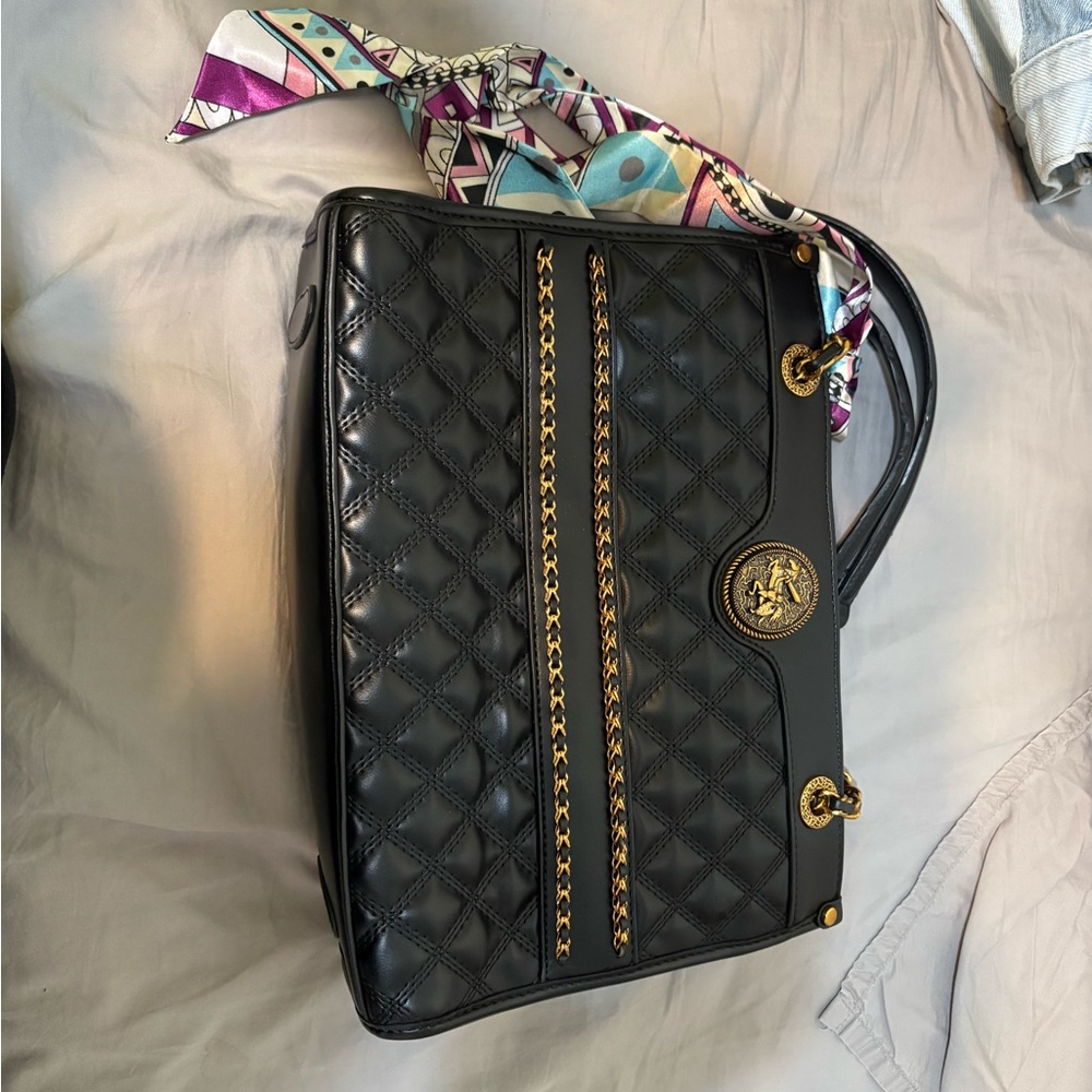 Black Quilted Handbag with Gold Accents